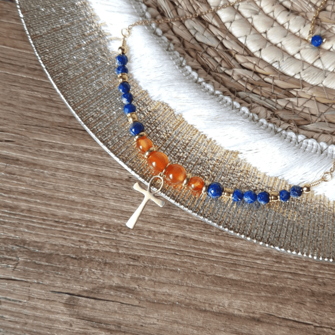 Collier croix de vie Lapis-lazuli & Cornaline